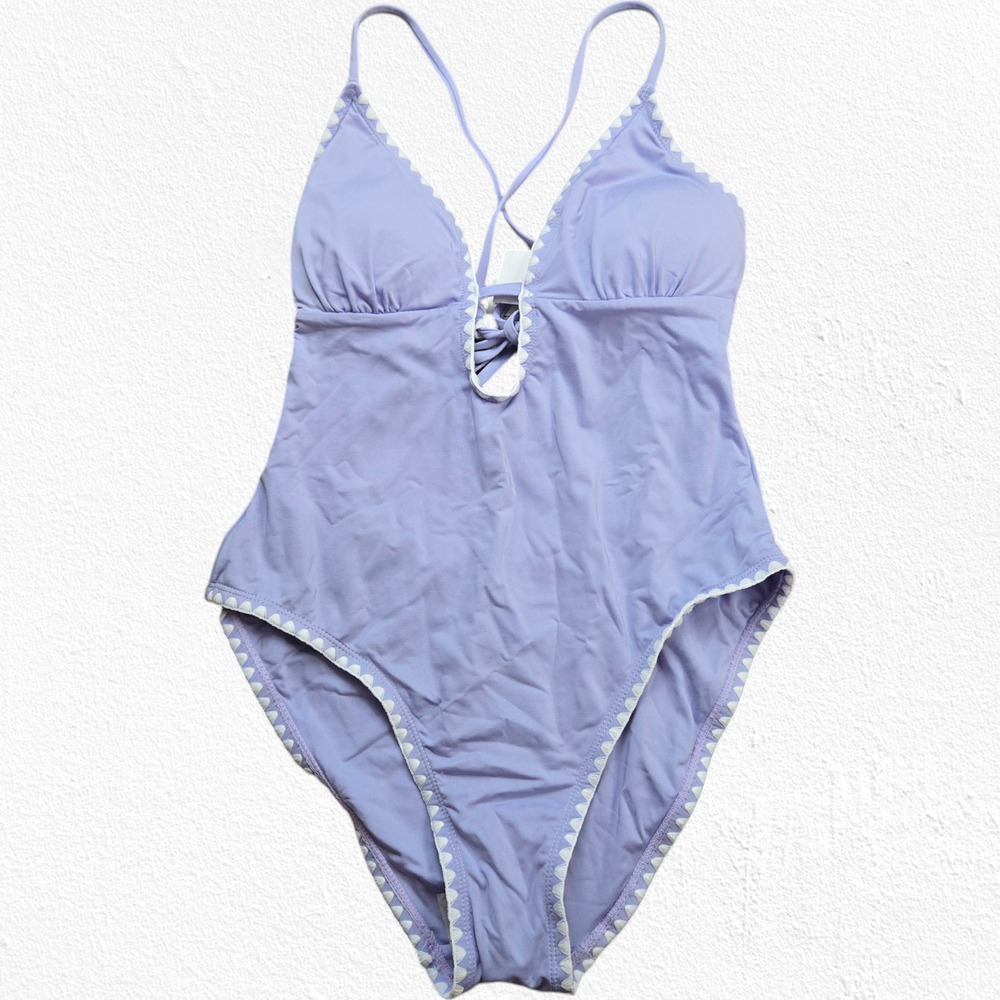 Lucky‎ Brand Lavender Purple Shell Plunge V Neck One Piece Swimsuit Size Medium - Picture 2 of 12
